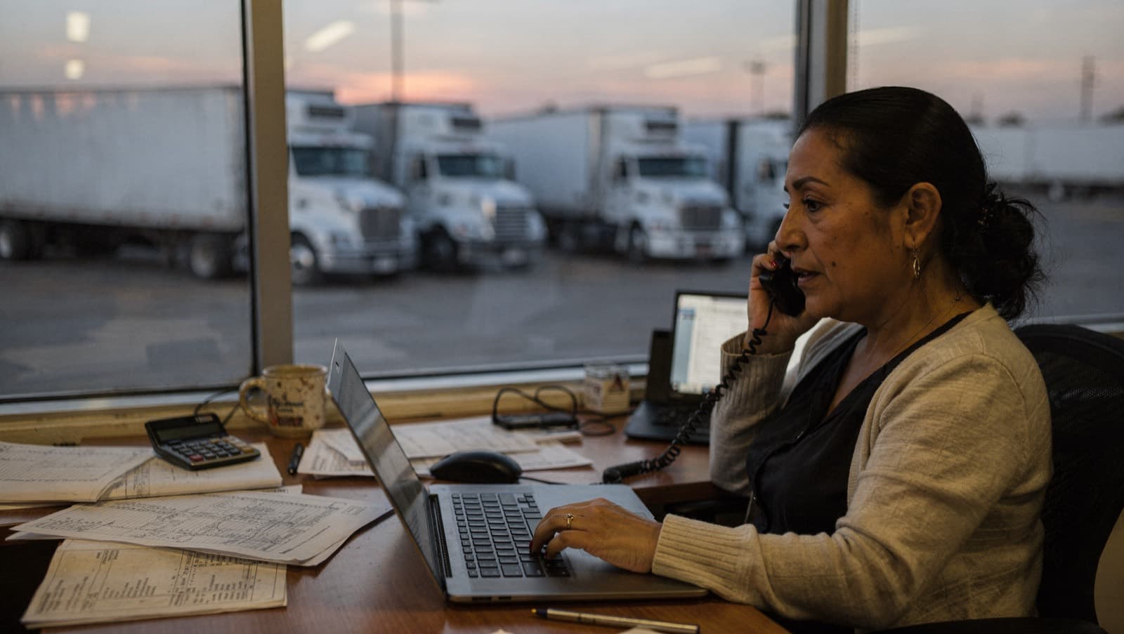 Coordinadora de una empresa transportista al teléfono frente a su laptop, con tractocamiones estacionados al atardecer detrás de la ventana