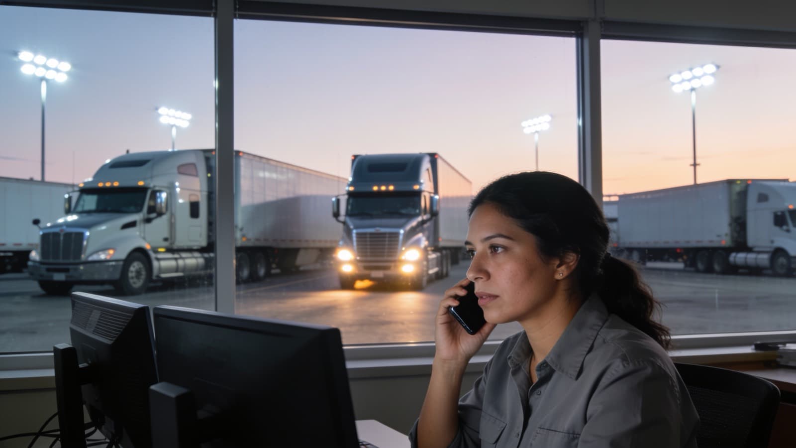 Monitorista de una empresa transportista habla por teléfono al amanecer, con el patio de tractocamiones iluminado detrás de la ventana y una unidad saliendo a ruta