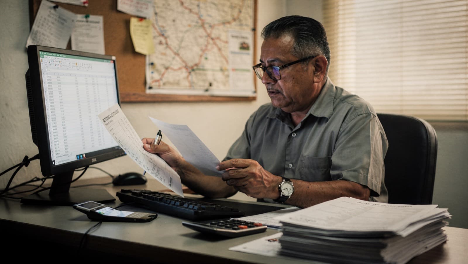 Encargado de tarifas de una empresa transportista revisa una solicitud impresa junto a su hoja de costos, con un mapa de carreteras detrás