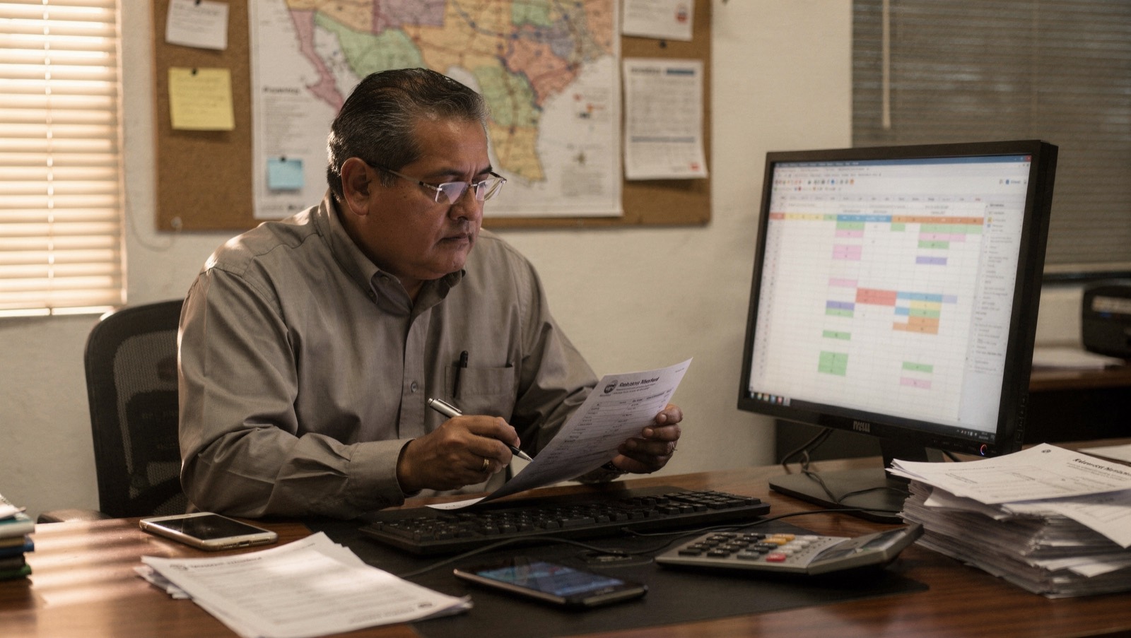 Encargado de tarifas revisa una solicitud de cotización impresa frente a su hoja de costos en el monitor, con un mapa de México y Estados Unidos detrás